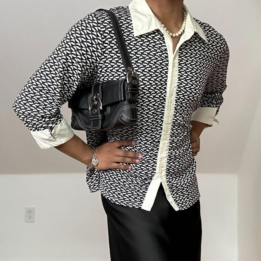 JPR Separates White & Black Stretch Button Up 3/4 Sleeve Top Plus Size 1X